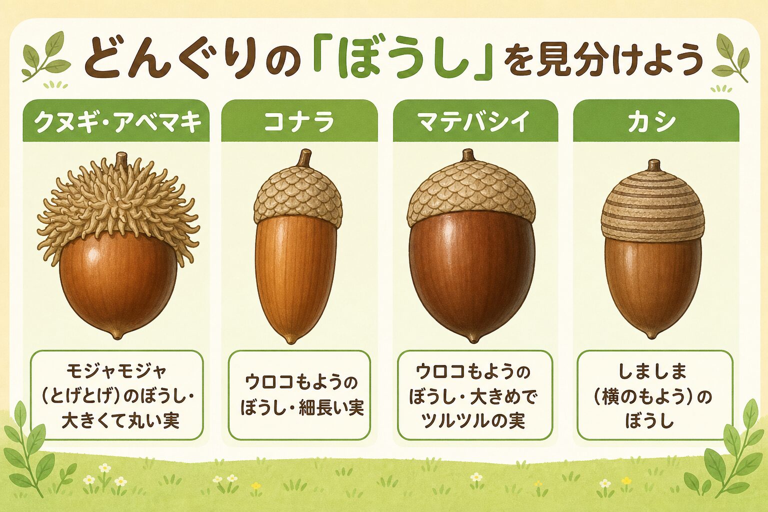 どんぐりの「ぼうし」を見分けようを示す図解