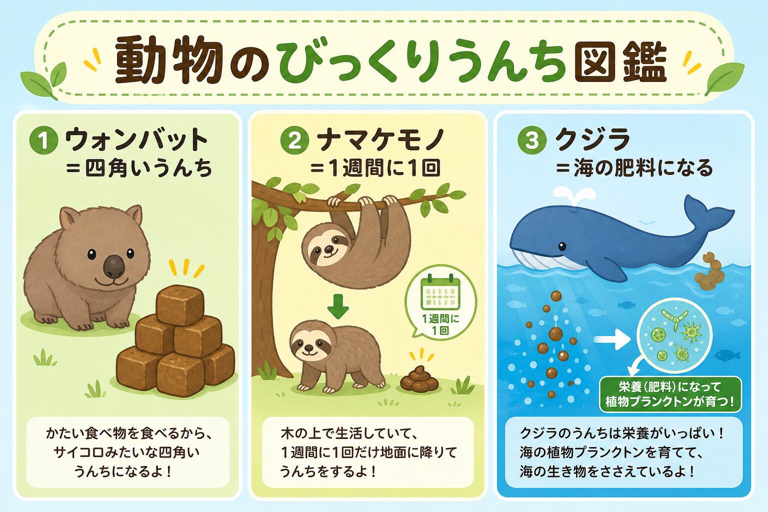 動物のびっくりうんち図鑑。ウォンバットは四角いうんち、ナマケモノは1週間に1回、クジラのうんちは海の肥料になる。