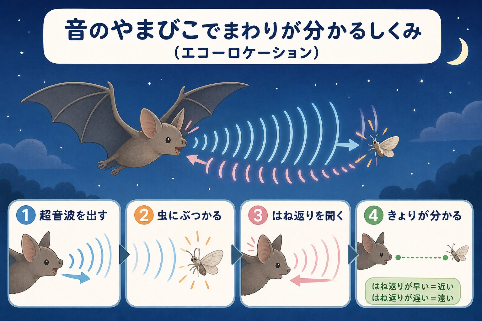 音のやまびこでまわりが分かるしくみ(エコーロケーション)を示す図解