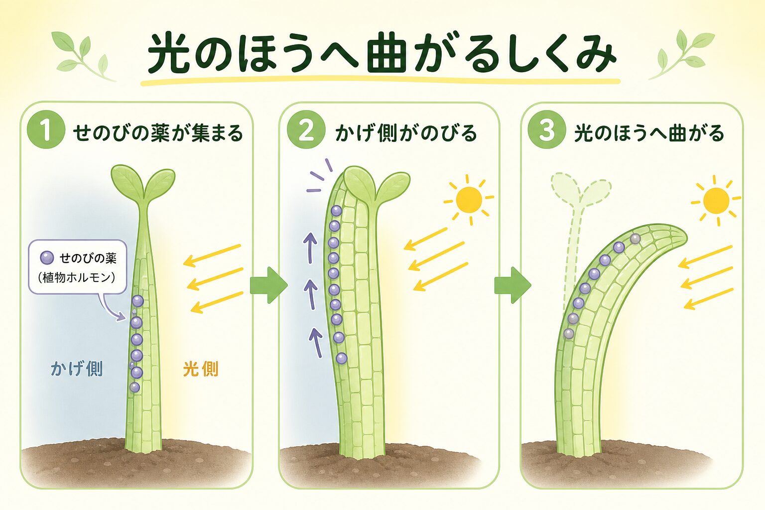 光のほうへ曲がるしくみを示す図解