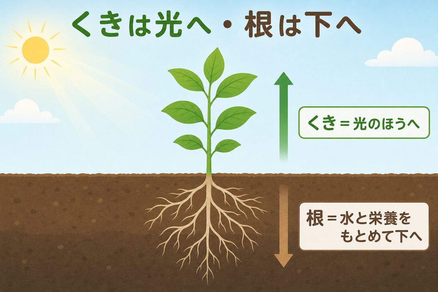 くきは光へ・根は下へを示す図解