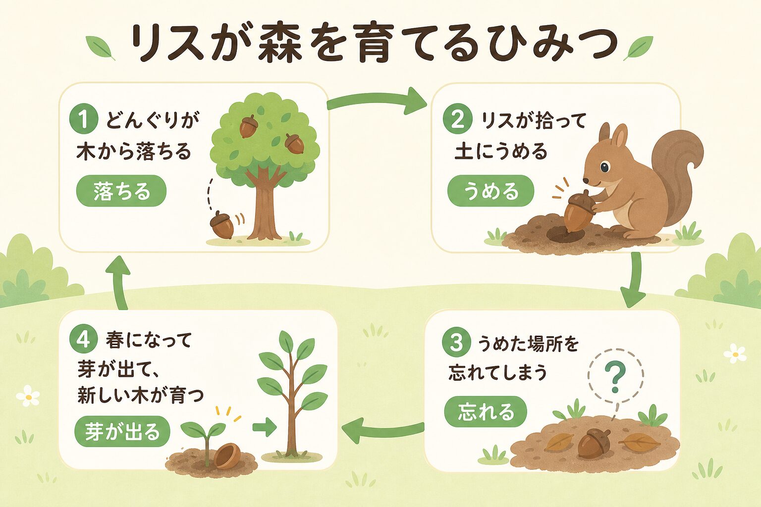 リスが森を育てるひみつを示す図解