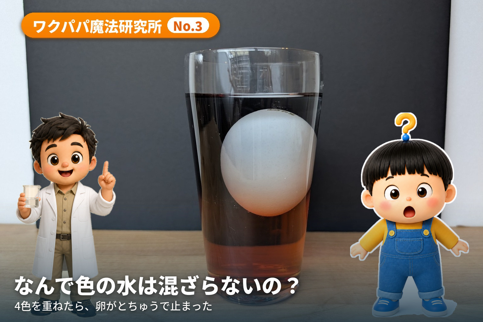 砂糖水が層になったグラスの中ほどで、生卵が沈みもせず浮きもせずに止まっている