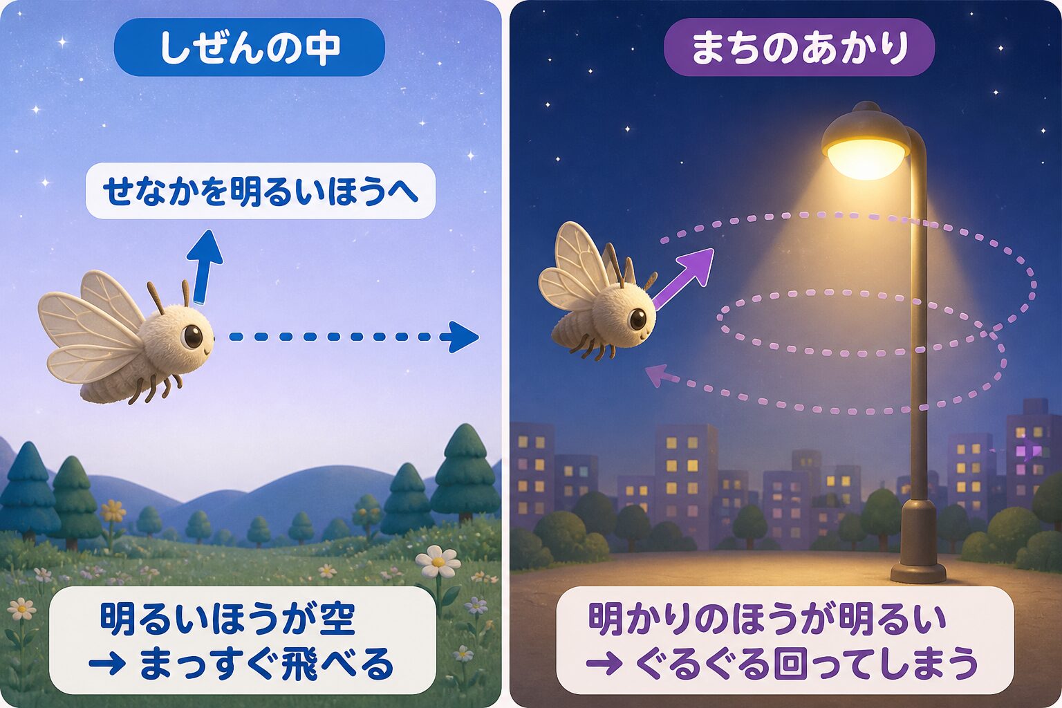 虫は背中を明るいほうへ向けて姿勢を保つが、近くの明かりでは背中を向けつづけて光のまわりを回ってしまうしくみの図解