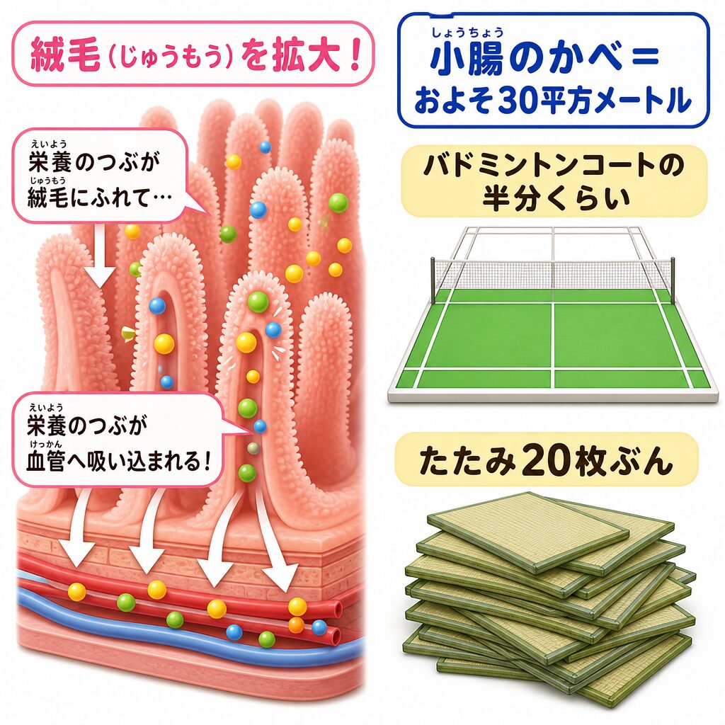 小腸の絨毛が栄養を吸収するしくみ。広げると約30平方メートルの面積になることを示す図解