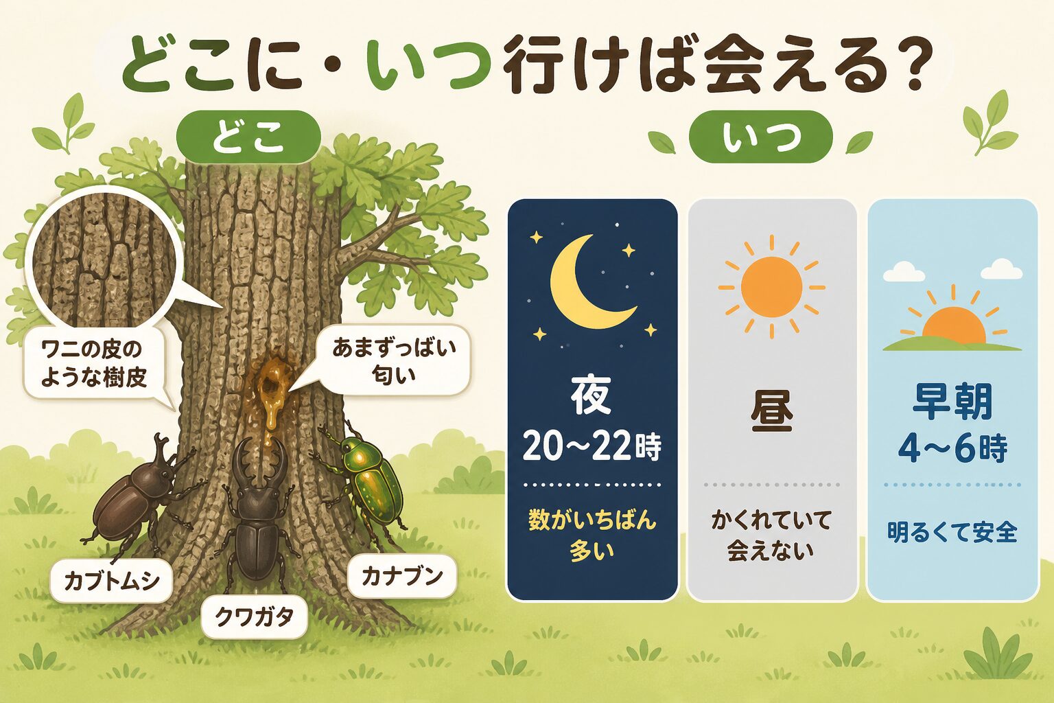カブトムシ・クワガタが集まるクヌギ・コナラの木と、夜（20〜22時）と早朝（4〜6時）それぞれの狙い目の時間帯を示した図解