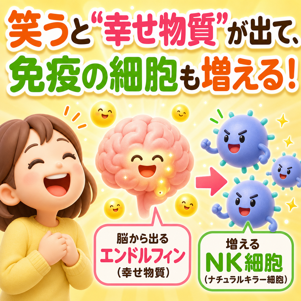 笑うと脳からエンドルフィンが出て、免疫のNK細胞が増えることを示した図解
