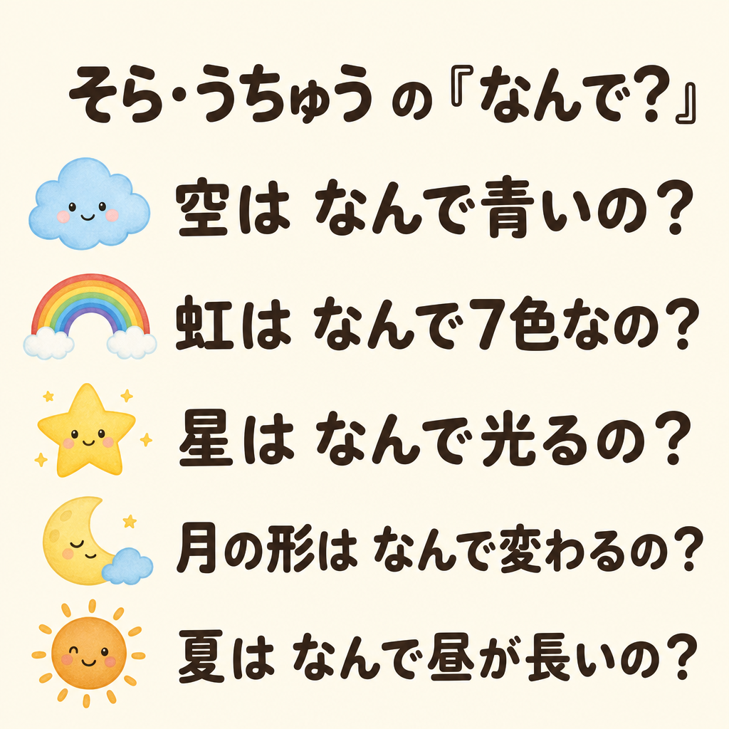 そら・うちゅうの「なんで?」5つ：空の青・虹・星・月の形・夏の昼