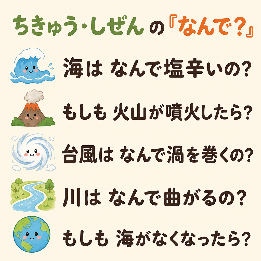 ちきゅう・しぜんの「なんで?」5つ：海の塩・火山・台風・川・海がなくなったら