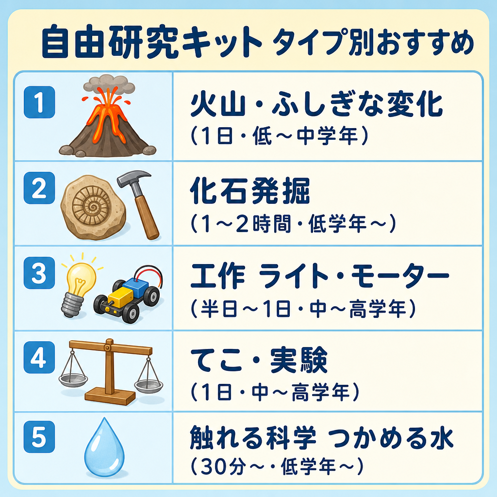 自由研究キット タイプ別おすすめ早見表：火山・化石発掘・工作・てこ・つかめる水