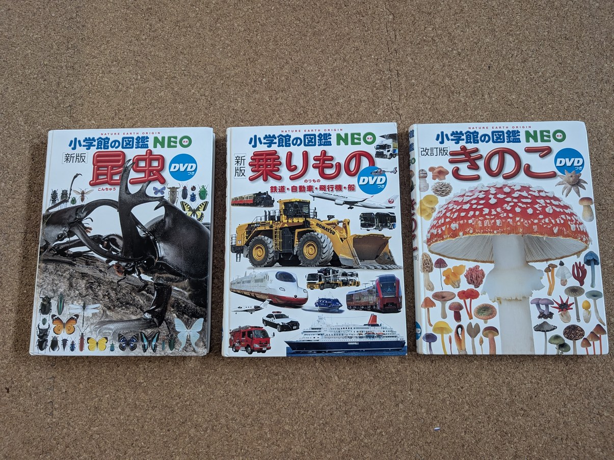 小学館の図鑑NEOが3冊並んでいる。新版 昆虫、新版 乗りもの、改訂版 きのこ